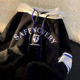 Japanese Retro Color-blocking Hooded Sweatshirt Women Oversized Fake Two-piece Stitching Letters Plus Velvet Jacket Sweatshirt